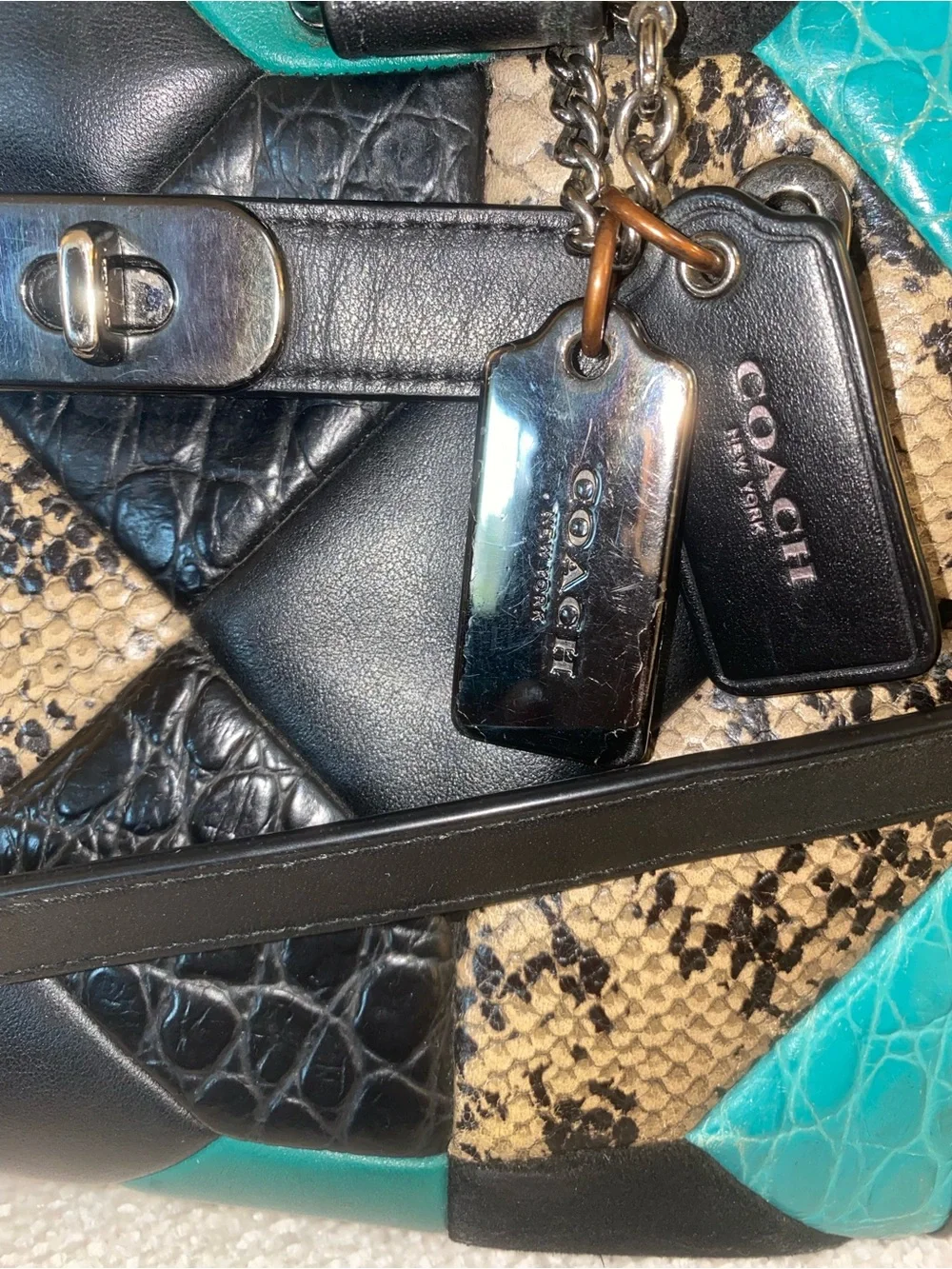 Coach Swagger 27 Carryall Quilt Leather Satchel Crossbody Bag Black Turquoise